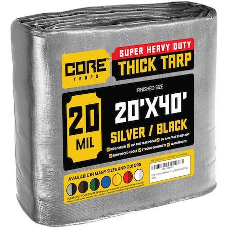 Core Tarps Heavy Duty Tarp, 40 ft L x 0.5 mm H x 20 ft W, 20 Mil, Silver/Black, Polyethylene CT-701-20X40